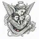 angel holding devil in a choke hold while while whispering a secret into ear tattoo design idea