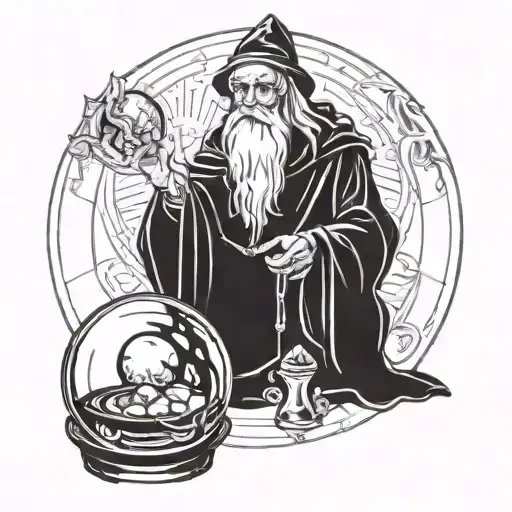 Black and white line drawing of a wizard His left hand held a palm-sized crystal ball  tattoo design idea