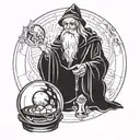 Black and white line drawing of a wizard His left hand held a palm-sized crystal ball  tattoo design idea