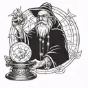 Black and white line drawing of a wizard His left hand held a palm-sized crystal ball  tattoo design idea