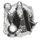 Black and white line drawing of a wizard His left hand held a palm-sized crystal ball  tattoo design idea