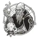 Black and white line drawing of a wizard His left hand held a palm-sized crystal ball  tattoo design idea