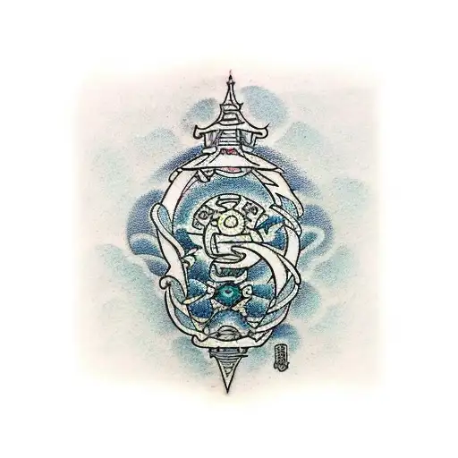 A tattoo combining elements from Baldur's Gate 3 and traditional Japanese art tattoo design idea