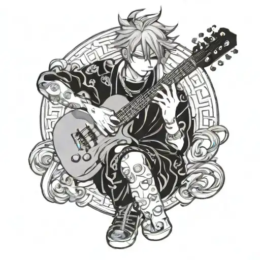 Anime character with piercings playing a guitar in a blackwork style tattoo design idea