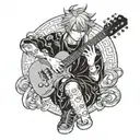 Anime character with piercings playing a guitar in a blackwork style tattoo design idea