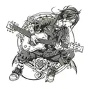 Anime character with piercings playing a guitar in a blackwork style tattoo design idea