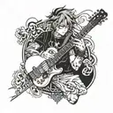 Anime character with piercings playing a guitar in a blackwork style tattoo design idea