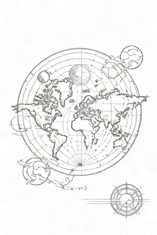 world map with sun and moon phases and plane tattoo design idea