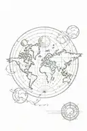 world map with sun and moon phases and plane tattoo design idea