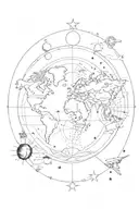 world map with sun and moon phases and plane tattoo design idea