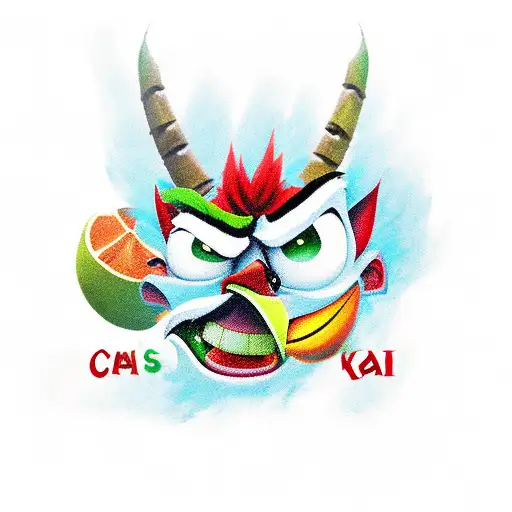 aku aku from crash bandicoot with fruits and leaves  tattoo design idea