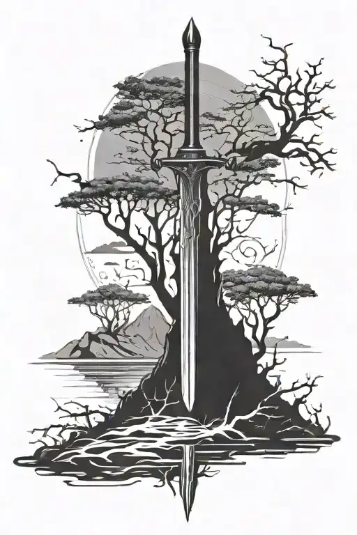 a sword that follows the spine with a dark fantasy landscape behind it occupying the entire back tattoo design idea