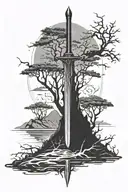 a sword that follows the spine with a dark fantasy landscape behind it occupying the entire back tattoo design idea