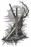 a sword that follows the spine with a dark fantasy landscape behind it occupying the entire back tattoo design idea