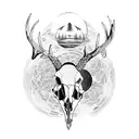 Combine a deer skull adorned with crystals and surrounded by moon phases. a crow perches on the skull and flowers bloom tattoo design idea