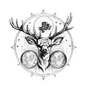 Combine a deer skull adorned with crystals and surrounded by moon phases. a crow perches on the skull and flowers bloom tattoo design idea