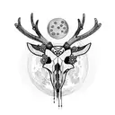 Combine a deer skull adorned with crystals and surrounded by moon phases. a crow perches on the skull and flowers bloom tattoo design idea