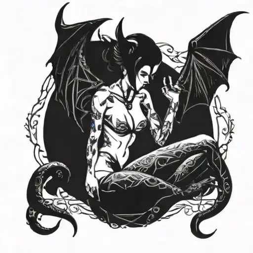 beautiful succubus, no underwear, small horns, turned backwards, long nails tattoo design idea