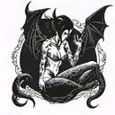 beautiful succubus, no underwear, small horns, turned backwards, long nails tattoo design idea