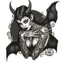 beautiful succubus, no underwear, small horns, turned backwards, long nails tattoo design idea