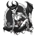 beautiful succubus, no underwear, small horns, turned backwards, long nails tattoo design idea