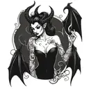 beautiful succubus, no underwear, small horns, turned backwards, long nails tattoo design idea