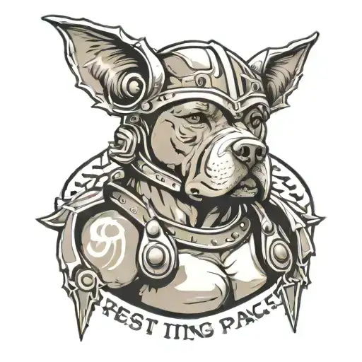 pitbull wearing spartan helmet with text that says "rest in peace king leonidas" tattoo design idea
