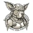 pitbull wearing spartan helmet with text that says "rest in peace king leonidas" tattoo design idea