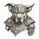 pitbull wearing spartan helmet with text that says "rest in peace king leonidas" tattoo design idea