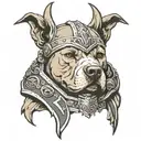 pitbull wearing spartan helmet with text that says "rest in peace king leonidas" tattoo design idea