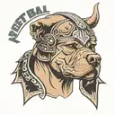 pitbull wearing spartan helmet with text that says "rest in peace king leonidas" tattoo design idea