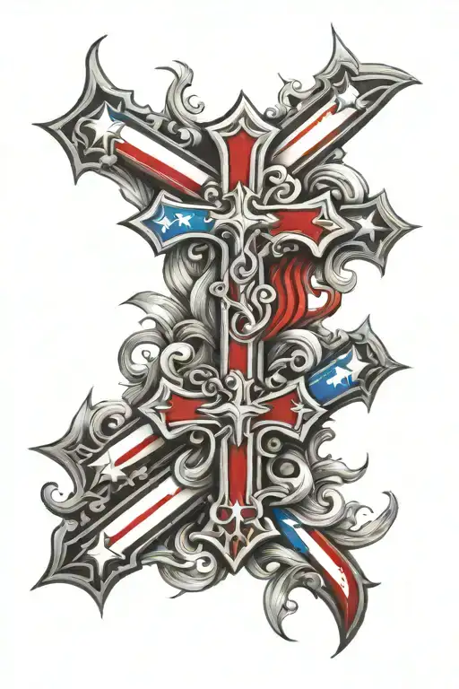 black and gray cross tattoo with red white and blue highlights tattoo design idea
