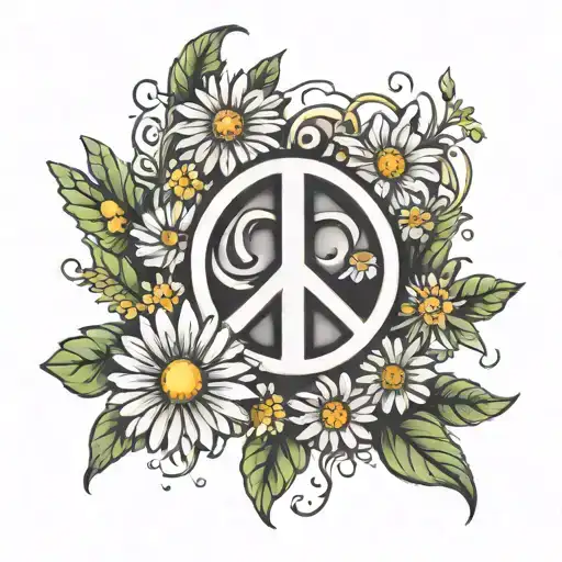 peace sign with daisies floating tattoo design idea