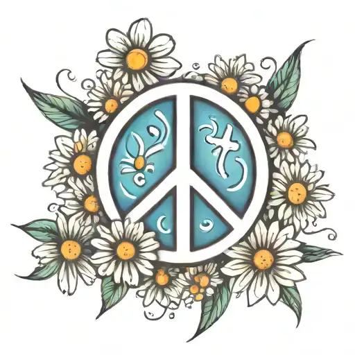peace sign with daisies floating tattoo design idea