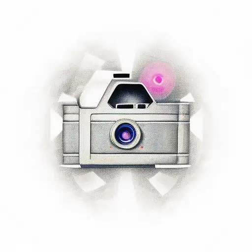 Illustrate a new-school tattoo of a camera lens transforming into a movie projector tattoo design idea