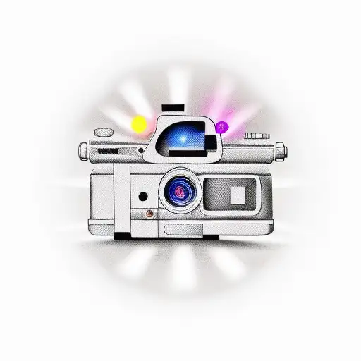 Illustrate a new-school tattoo of a camera lens transforming into a movie projector tattoo design idea