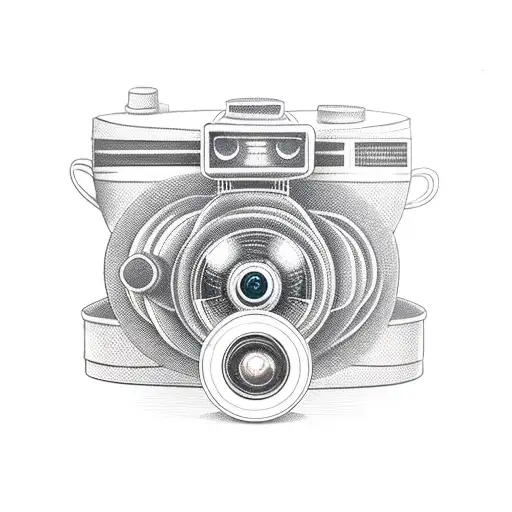 Combine a vintage camera with a film reel in a surrealistic composition tattoo design idea