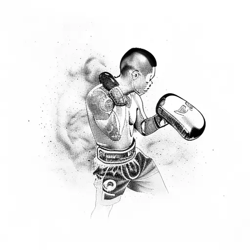 A powerful Muay Thai fighter surrounded by smoke and neon lights tattoo design idea