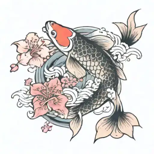 cherry blossoms and koi fish swimming upstream tattoo design idea