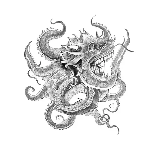 a sleeve tatto with a geisha removing an oni mask, a dragon and an octopus tattoo design idea