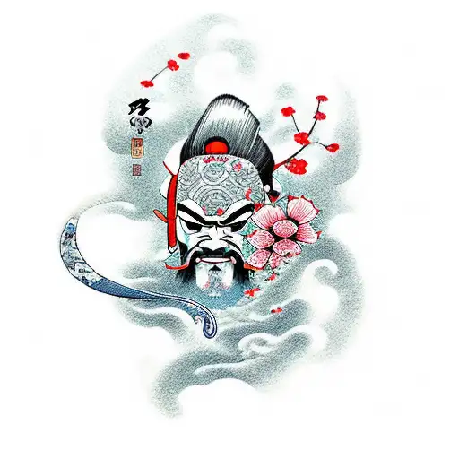 samurai with waves and cherry flowers tattoo design idea