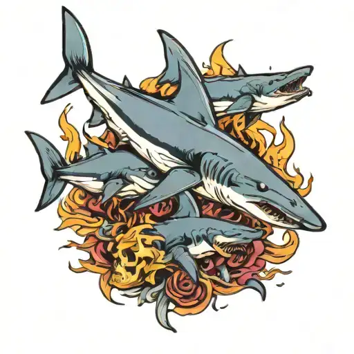 sharks fire and skulls tattoo design idea