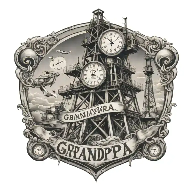 oil rig with clock and the name grandpa  tattoo design idea
