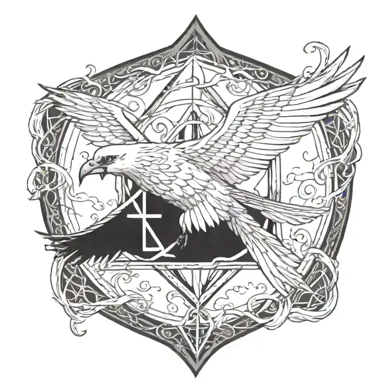 deathly hallows with pheonix bird sitting tattoo design idea