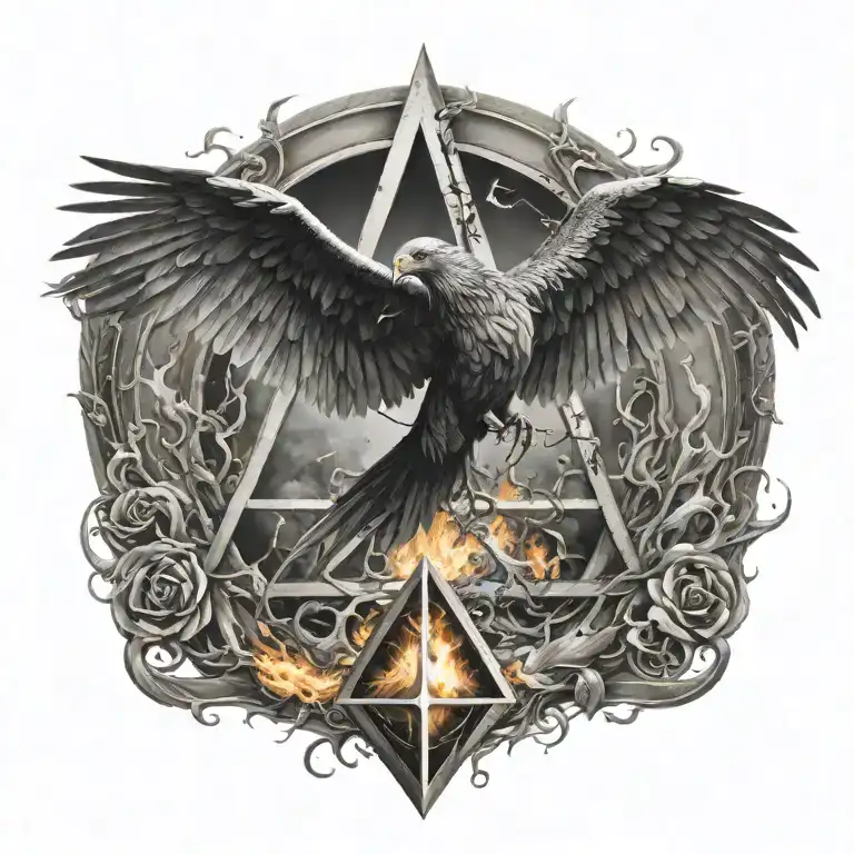deathly hallows with pheonix bird rising from ashes tattoo design idea