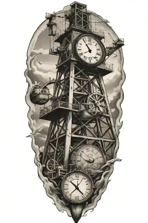 oil rig with clock and the name grandpa  tattoo design idea