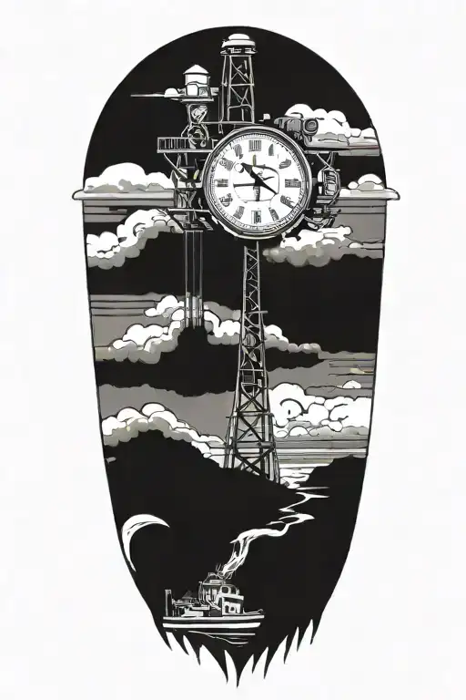 oil rig with clock and the name grandpa  tattoo design idea