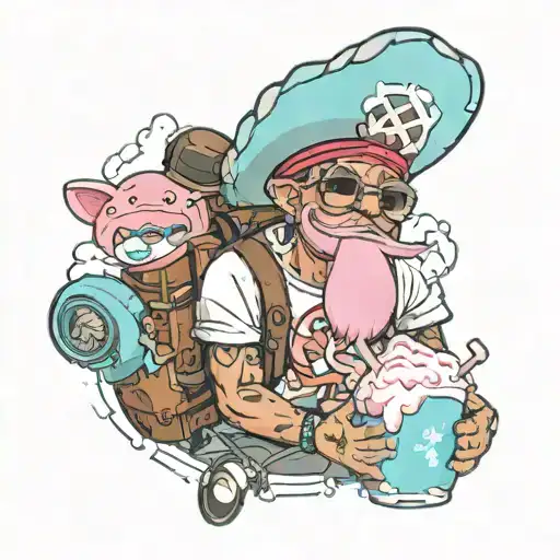 tony chopper, sommer clothes, eating cotton candy and in the background 1 small palm, some happy sparkles around him and tattoo design idea