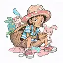 tony chopper, sommer clothes, eating cotton candy and in the background 1 small palm, some happy sparkles around him and tattoo design idea