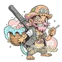 tony chopper, sommer clothes, eating cotton candy and in the background 1 small palm, some happy sparkles around him and tattoo design idea